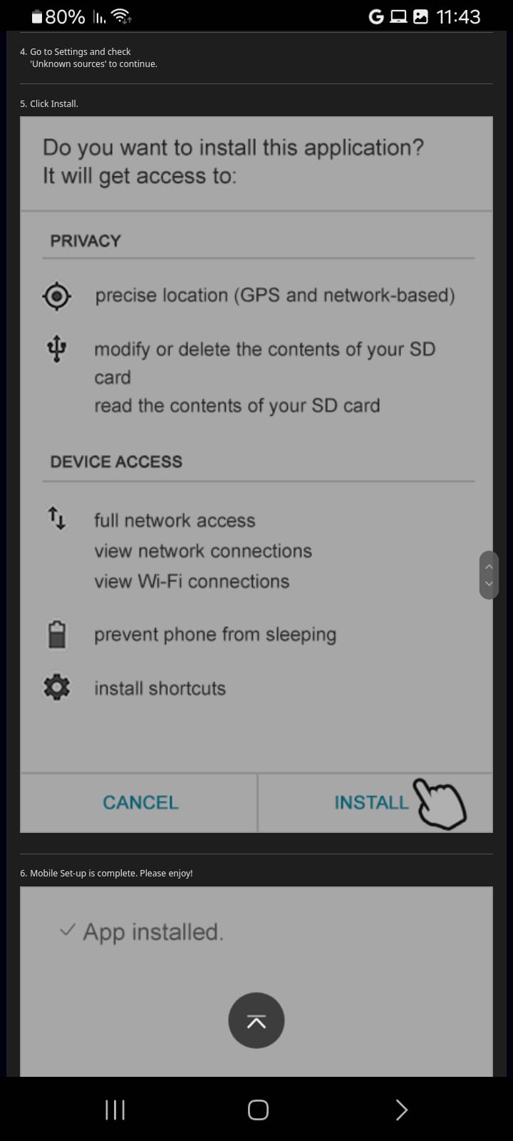 התקנת 7XL באנדרואיד לחיצה על INSTALL